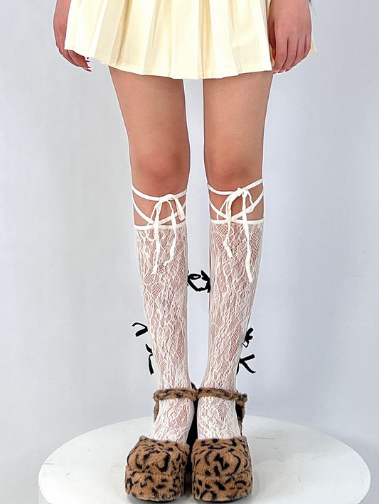 Black Bittersweet Cut-out Design Bowknot Details Under-knee Stockings