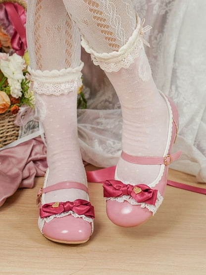 Elegant Rose Pink Lolita Low-heel Mary Janes - Heart Accent Bow, Lace Edging & Circle Buckle