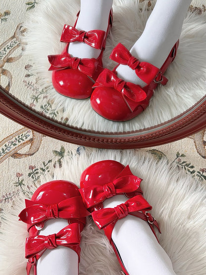 Wine Red Bow Accents Point Toe Sweet Lolita Block Heels