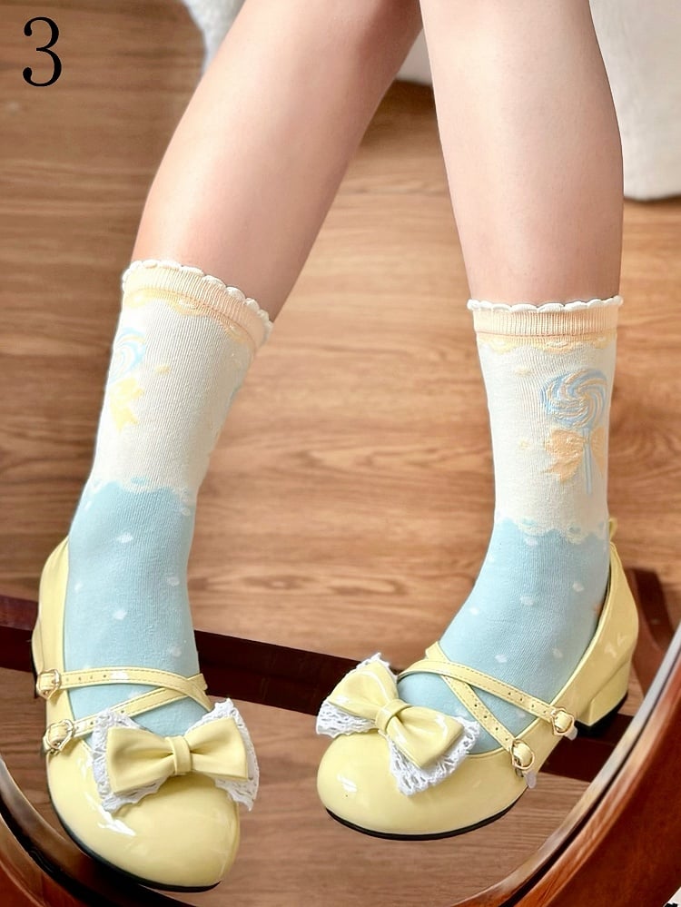 Pink/Blue Cookie/Candy/Ice Cream/Lollipop/Bowknot Print Lolita Calf Socks