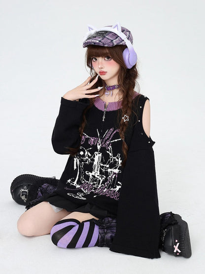 Black Punk Cutout Shoulder Distressed Sweater with Studs