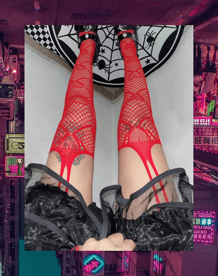 Black/Red Heart Print Punk Fishnet Tights
