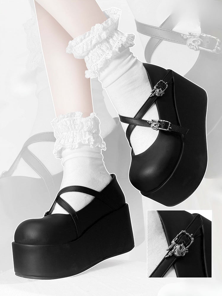 Black Gothic Crosscriss Design Platform Mary Janes With Detachable Buckles