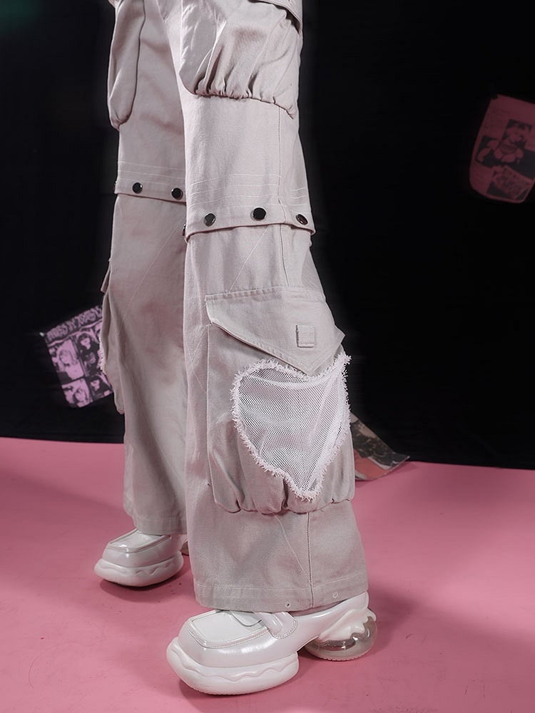 Star-shaped Studs Gray Cargo Pockets Detachable Jeans