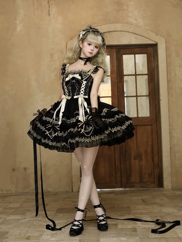 Black Bead Chain Bows Decorated Tiered Skirt Princess Lolita Dress