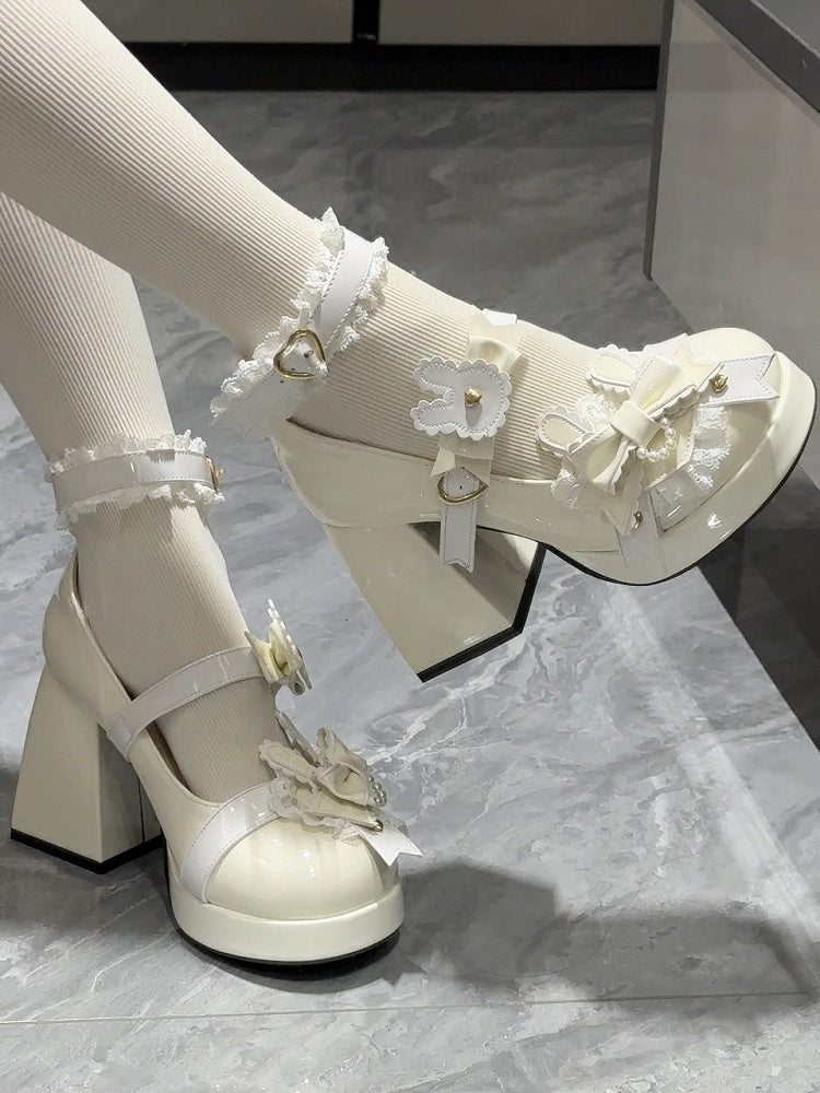 Polished White Sweet Lolita Bunny Decorated Bowknot Details Lace Trim Platform High Block Heels