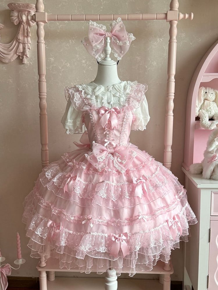 Pink Bow Accents Hanayome Princess Dress Layered Tulle Skirt Lolita JSK