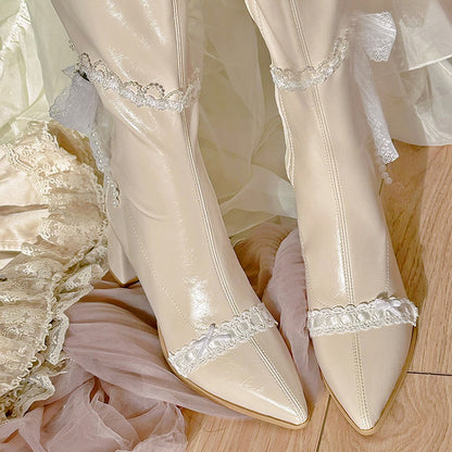 Beige Pointed Toe Lace and Beaded Chain 7CM Block Heel Knee-high Boots