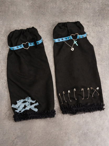 Pins and Studs Decorated Black and Blue Bowknots Gothic Leg Warmers