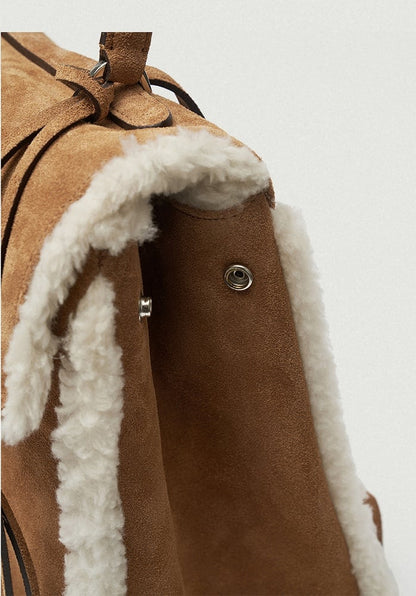 Vintage Brown Plush Patchwork Backpack - Perfect for Fall and Winter