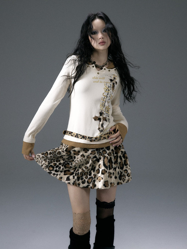 Beige Fake Two-Piece V-Neck Top with Cross Applique