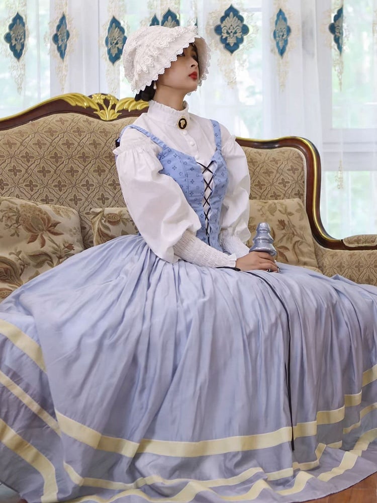 Bavarian Landhaus Historical Costume - Light Blue Boned Corset + Skirt + White Shirt + White Lace Bonnet
