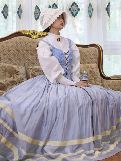 Bavarian Landhaus Historical Costume - Light Blue Boned Corset + Skirt + White Shirt + White Lace Bonnet