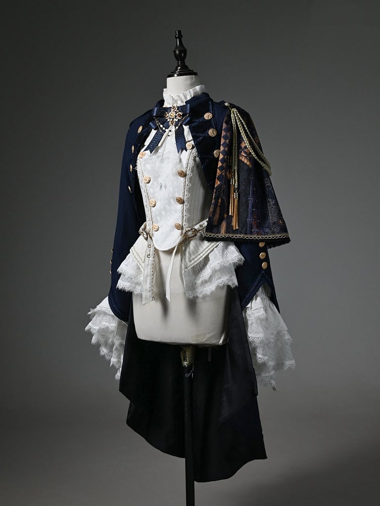 Ouji Fashion Lolita Knight Outfit - White Long Sleeves Top + Dark Blue One-shoulder Cape Tailcoat