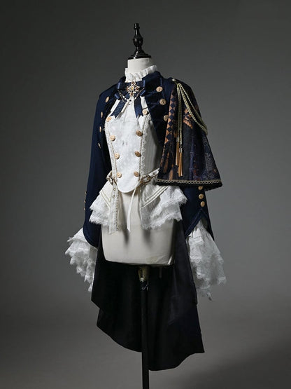 Ouji Fashion Lolita Knight Outfit - White Long Sleeves Top + Dark Blue One-shoulder Cape Tailcoat