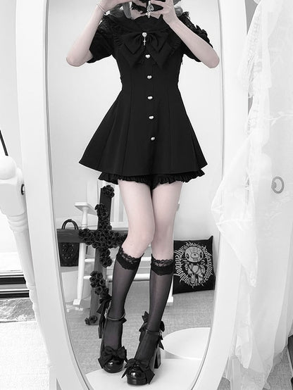 Black Jirai Kei Set - Sailer Collar Sweetheart Buttons Short Sleeves Top + Shorts + Bow Tie