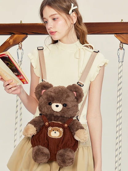 Chocolate Brown Cute Plush Bear Backpack + Overall Pants Middle/Large Size