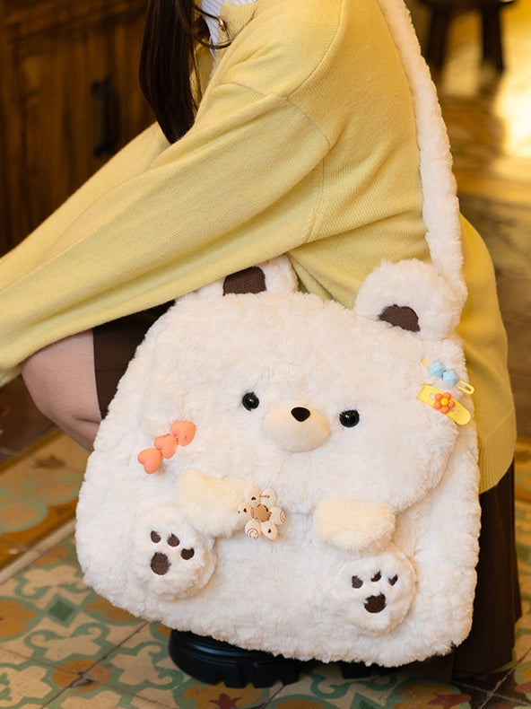 White Cute Bear Plush Flap Backpack Bag Middle/Large Size