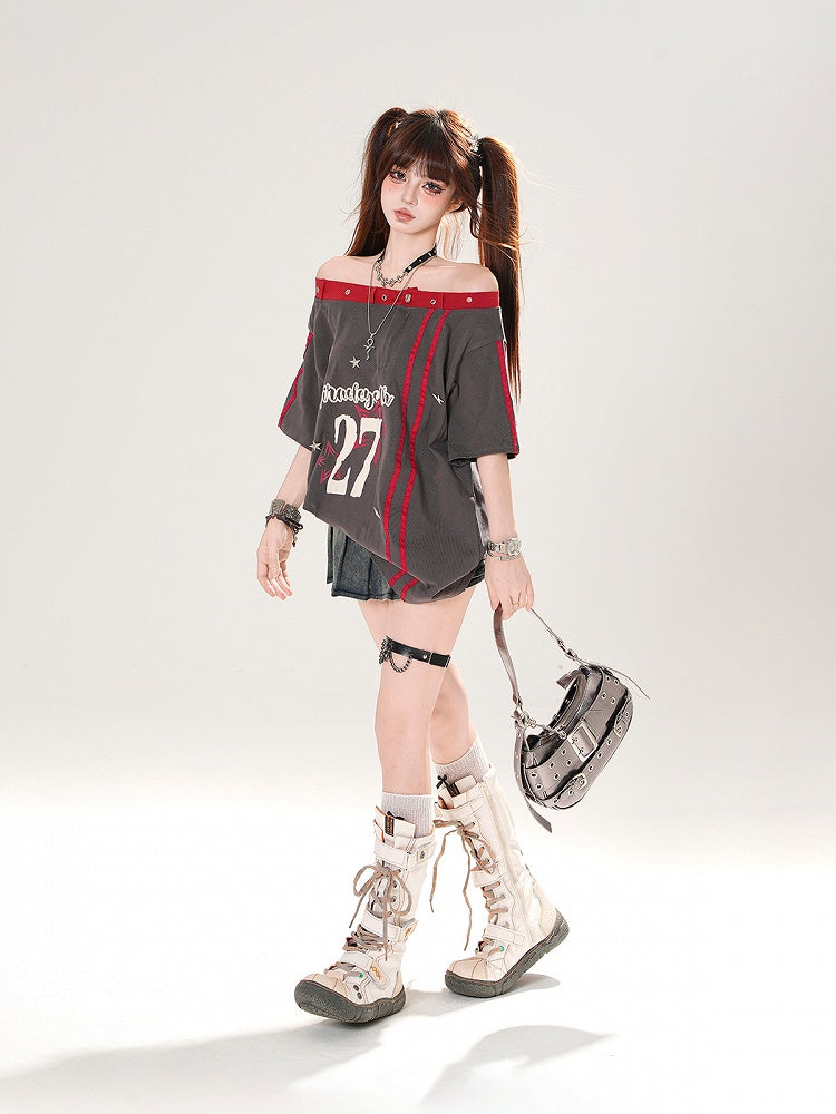 Gray Off-the-shoulder Neckline Number and Star Print Loose T-shirt