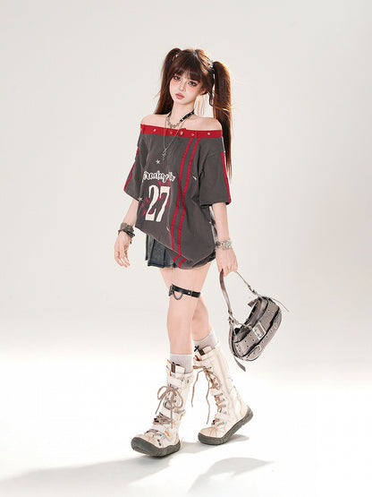 Gray Off-the-shoulder Neckline Number and Star Print Loose T-shirt