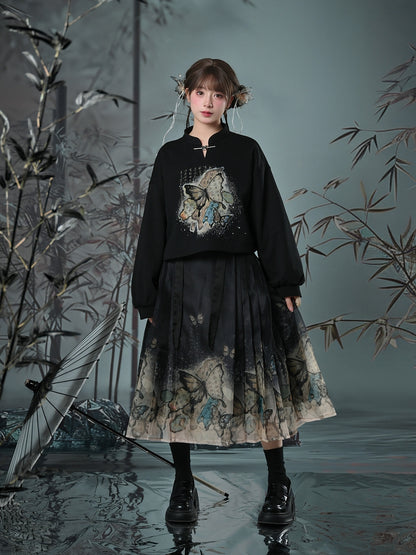 Cheongsam Style Butterfly Print Black/Apricot Banded Collar Sweatshirt