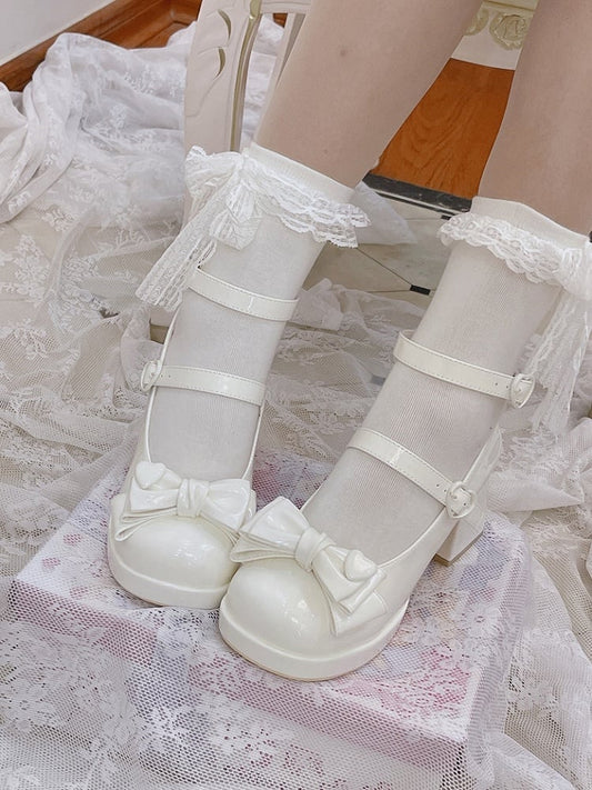 Heart Buckle Straps Bow Clips White Sweet Lolita Shoes High Block Heel
