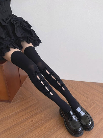 Black/White Bowknot Design Cut-out Design Overknee Stockings