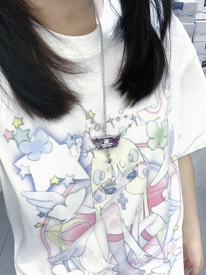 Anime Girl Print White Round Neck Loose Cotton T-shirt