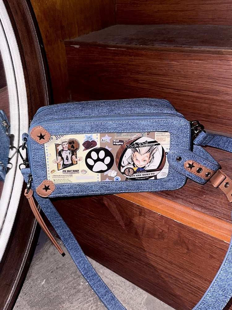 Denim Blue & Brown Star Stud Detail Ita Bag