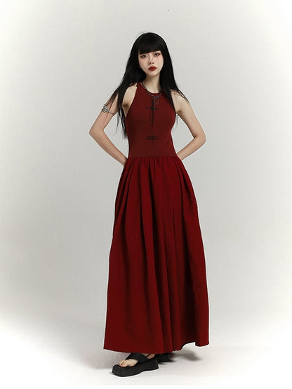 Gothic Wine Red High Waist Cross Print Backless Version Sleeveless Dress