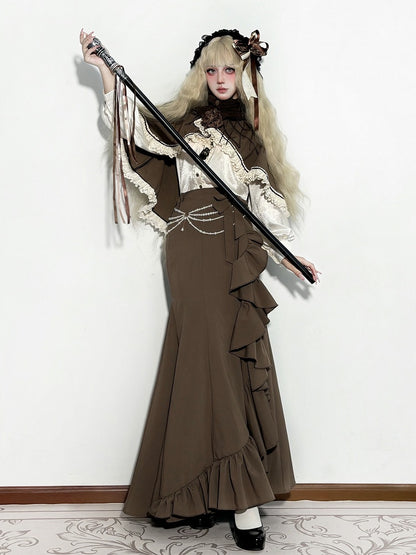 Brown Elegant Lolita Mermaid Skirt with Cascading Ruffles
