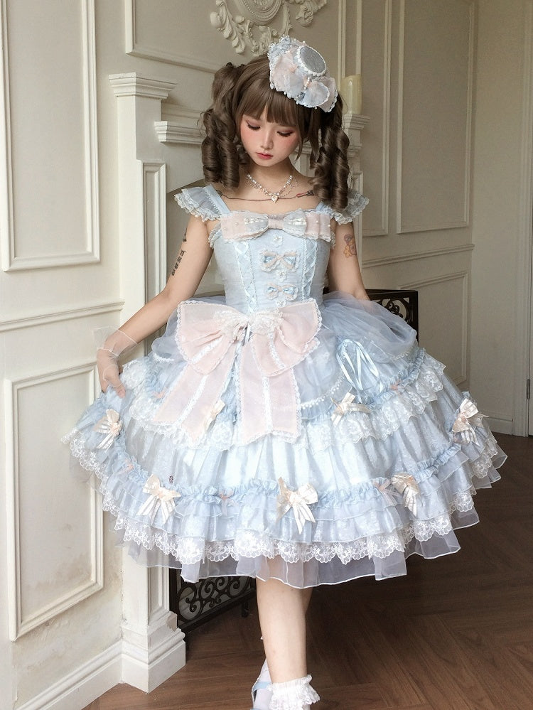 Pink Bow Accents Light Blue Natural Waist Hime Lolita Dress