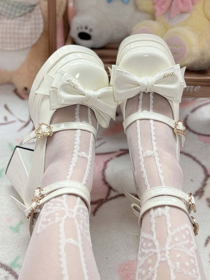 White Bow Accents High Block Heel Platform High Heels