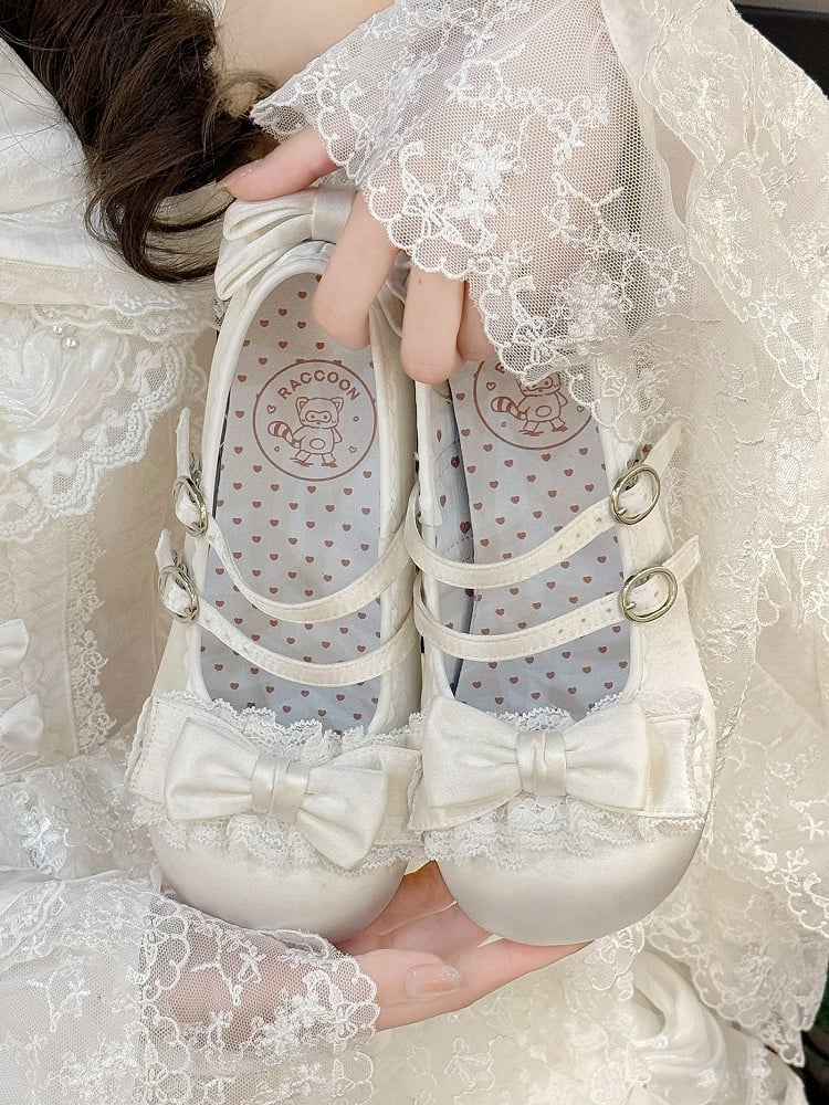 Mid-heel White Mary Janes in Sweet Lolita - Delicate Ruffle Lace, Bow Accents & Twin Clasps