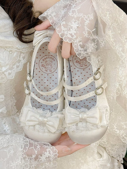 Mid-heel White Mary Janes in Sweet Lolita - Delicate Ruffle Lace, Bow Accents & Twin Clasps