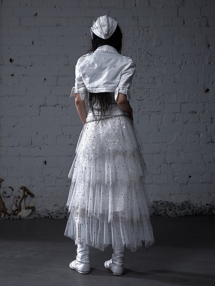 Black/White/Apricot Elastic Waist Sequin Details Tiered Mesh Skirt