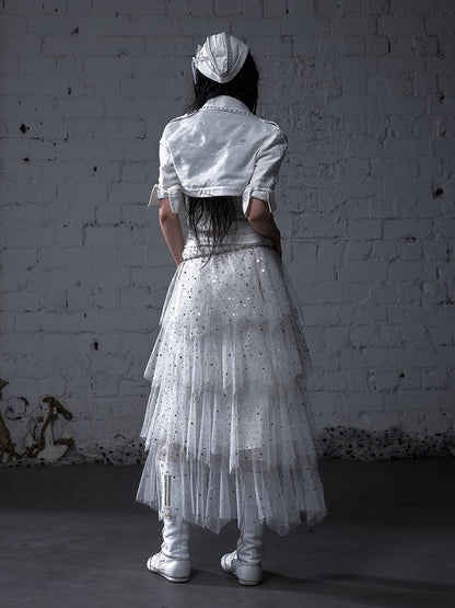 Black/White/Apricot Elastic Waist Sequin Details Tiered Mesh Skirt