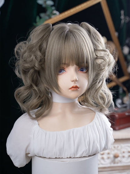 Gray Brown 30CM Length Synthetic Wig With Double Ponytail Claw Clips