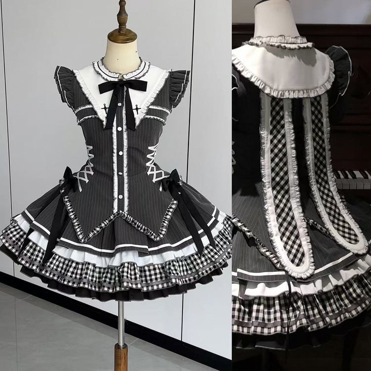 Dark Gray Flutter Sleeves Gothic Lolita Striped Dress with Bunny Ears at Back Collar