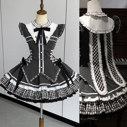 Dark Gray Flutter Sleeves Gothic Lolita Striped Dress with Bunny Ears at Back Collar