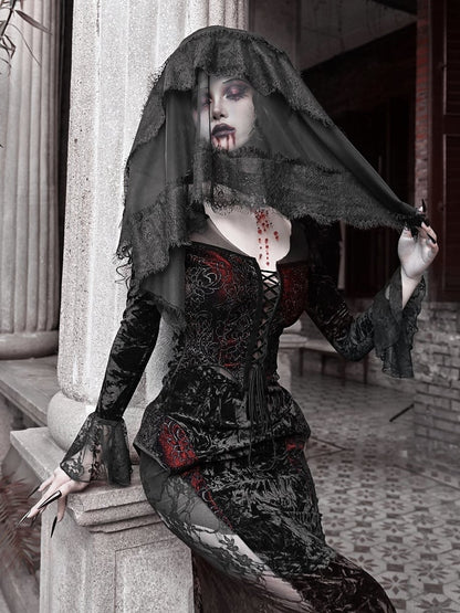 Bat Wings Shaped Neckline Romantic Goth Vampire Dress Velvet and Lace Mermaid Dress