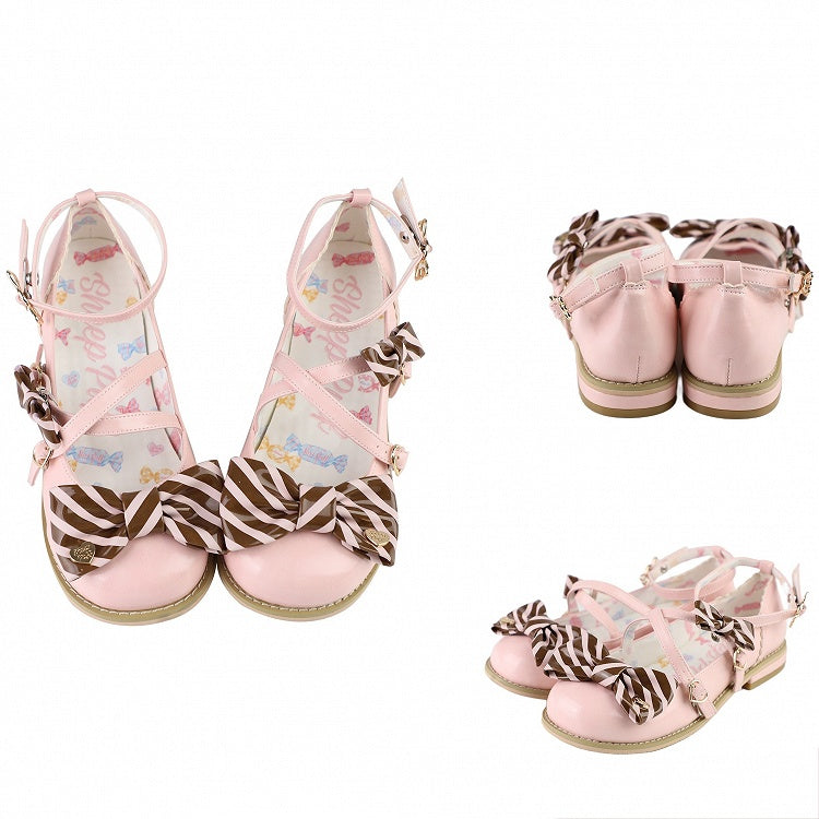 Pink&Brown Striped Pattern Bow at Top Crisscross Design Heart Buckles Lolita Shoes