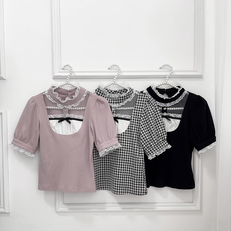 Jirai Kei Black Banded Collar Cutout Front Short Sleeves Blouse