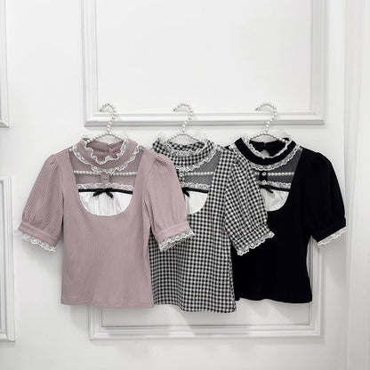 Jirai Kei Black Banded Collar Cutout Front Short Sleeves Blouse