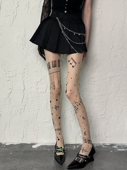 Nude Y2K Piano Note Star Print Polka-dot Pattern Tights