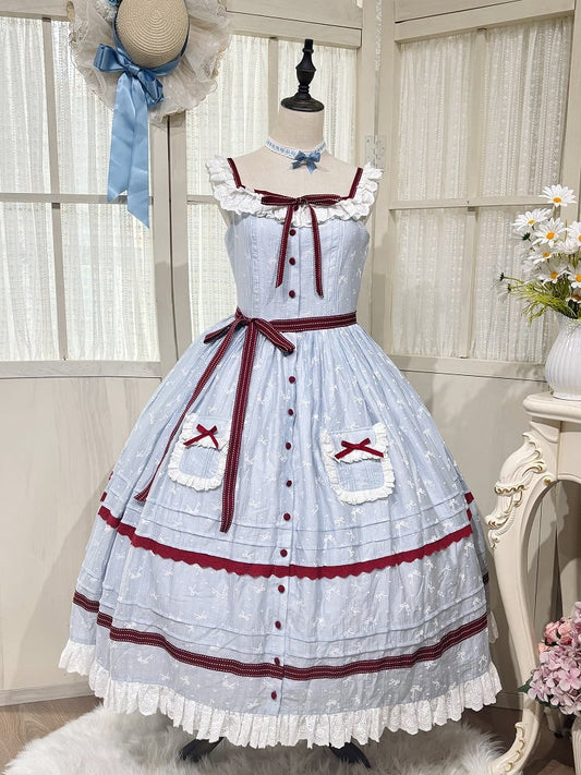 Plus Sizes Available Small Bows Fabric Blue and Red Front Button Placket Classic Lolita JSK