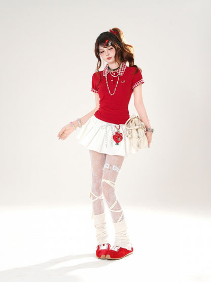 Preppy Style Red/Navy Blue Polo Collar Slim-fitting T-shirt