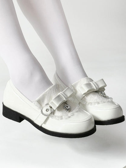 Rhinestone Heart Details & Bow Accent PU Polished White Low-heel Loafers in Jirai Kei