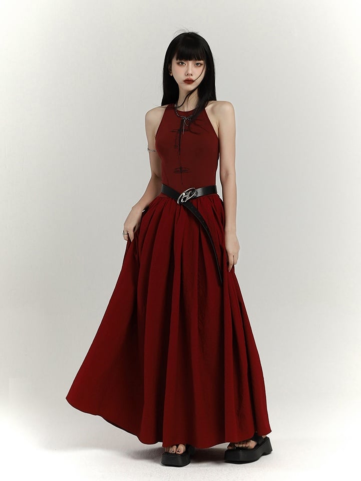Gothic Wine Red High Waist Cross Print Sleeveless Dress