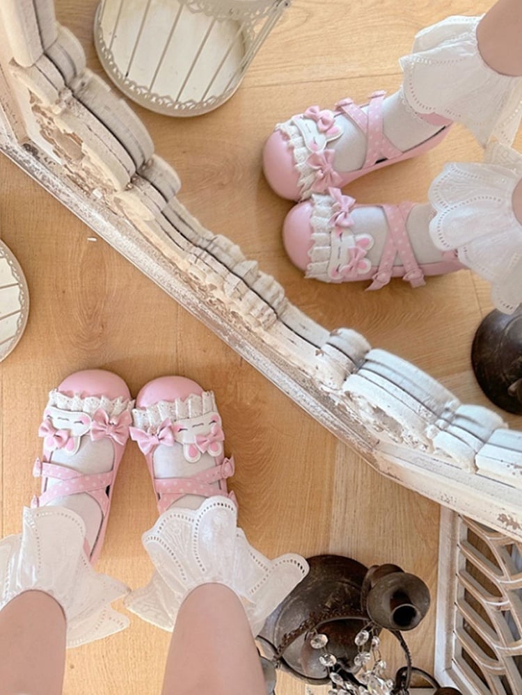 Pink Polka-dot Pattern Crisscross Design Bowknot Details Bunny Applique Lace Trim Sweet Lolita Shoes